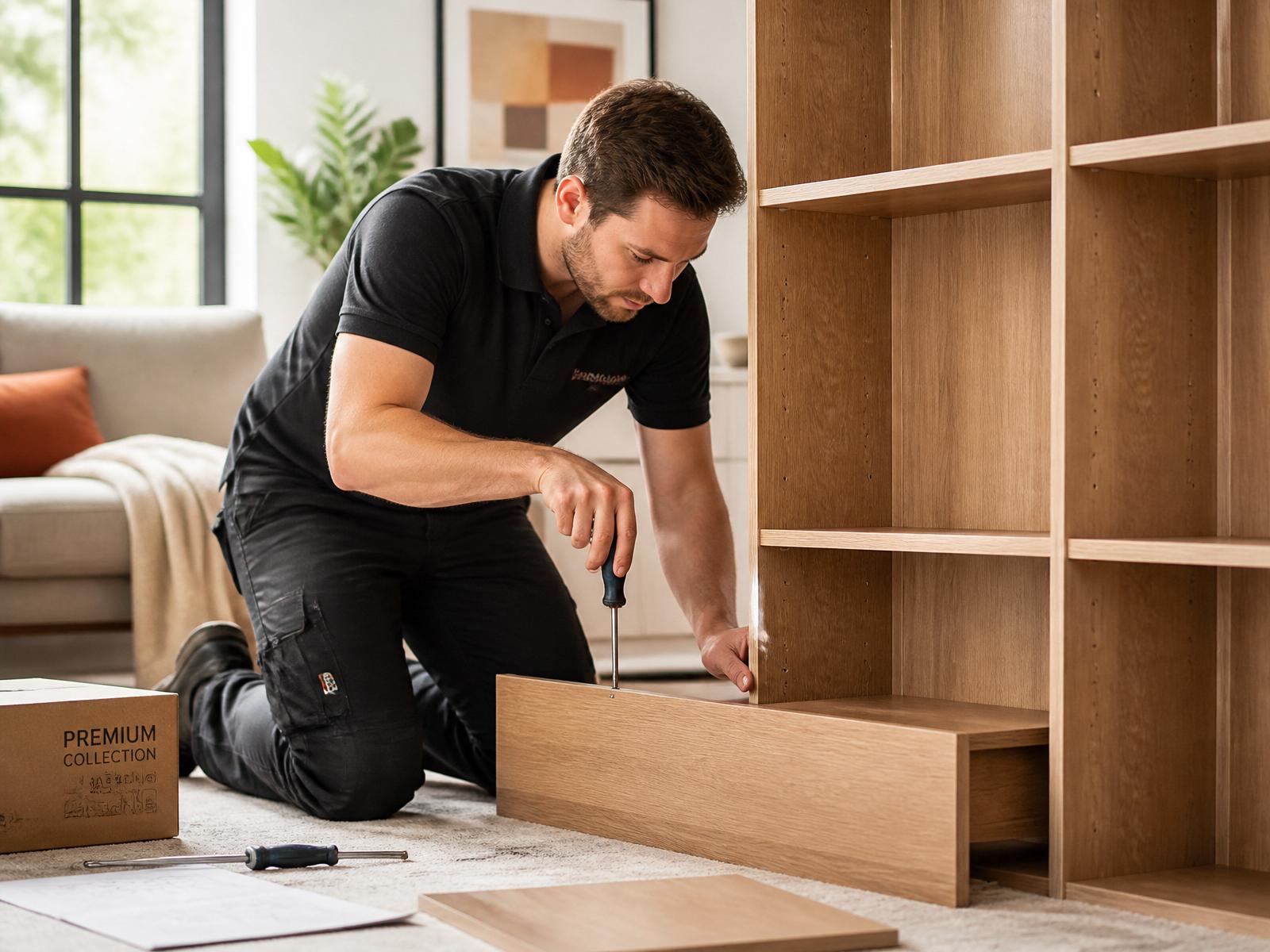 Elysium Assembly technician building a solid oak bookshelf in a bright living room